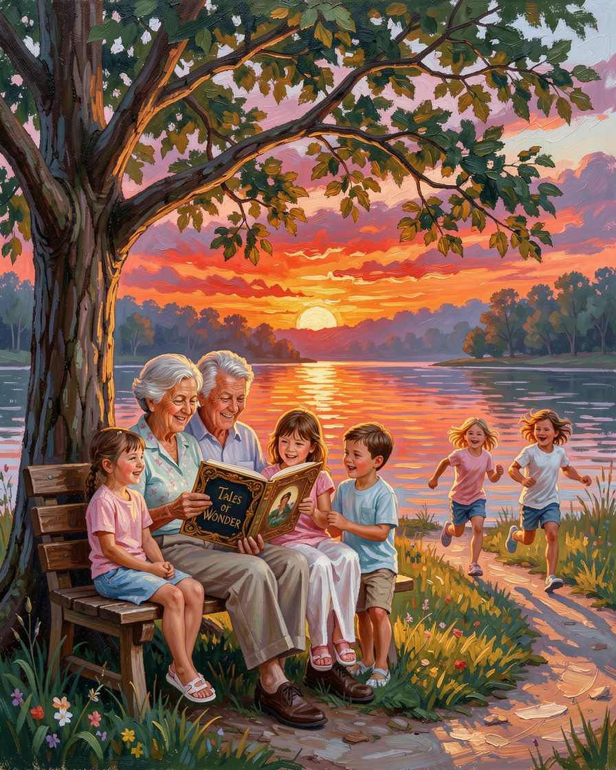 As the sun sets in brilliant color behind them, grandparents reading a story to their grandchildren, beside a lake during a warm summer evening, children running ahead, full of energy.