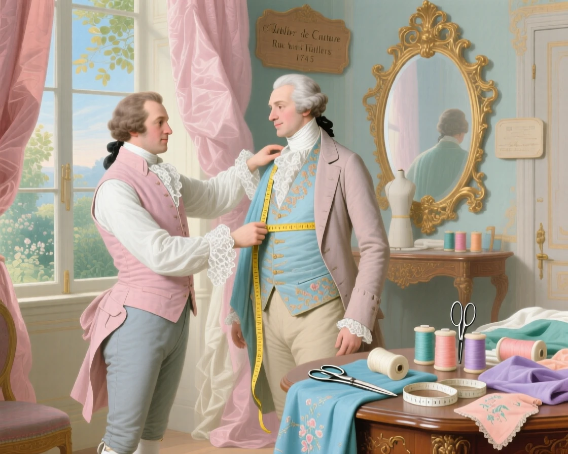 A tailor measuring a gentleman for a formal coat  
