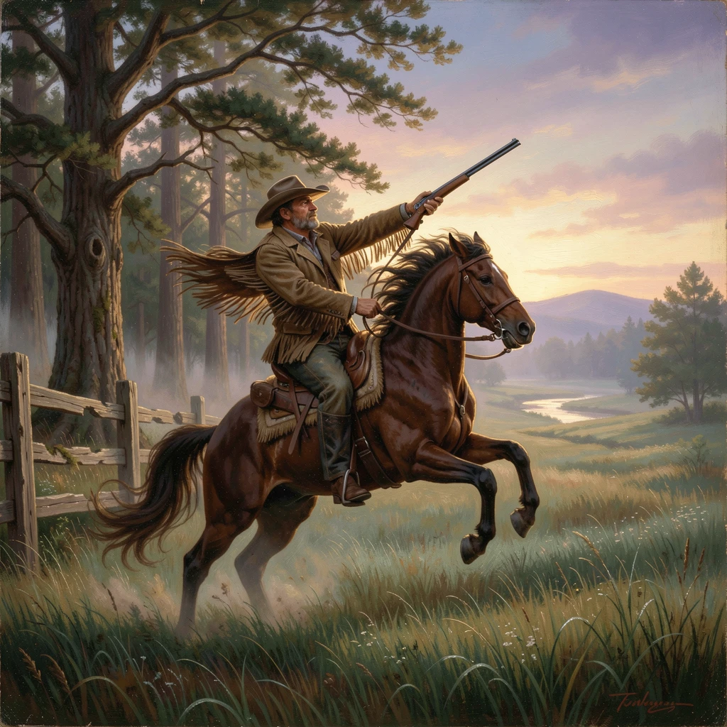 A cowboy rears before a charge upon a fence during a countryside hunt while morning mist clings to the grass.