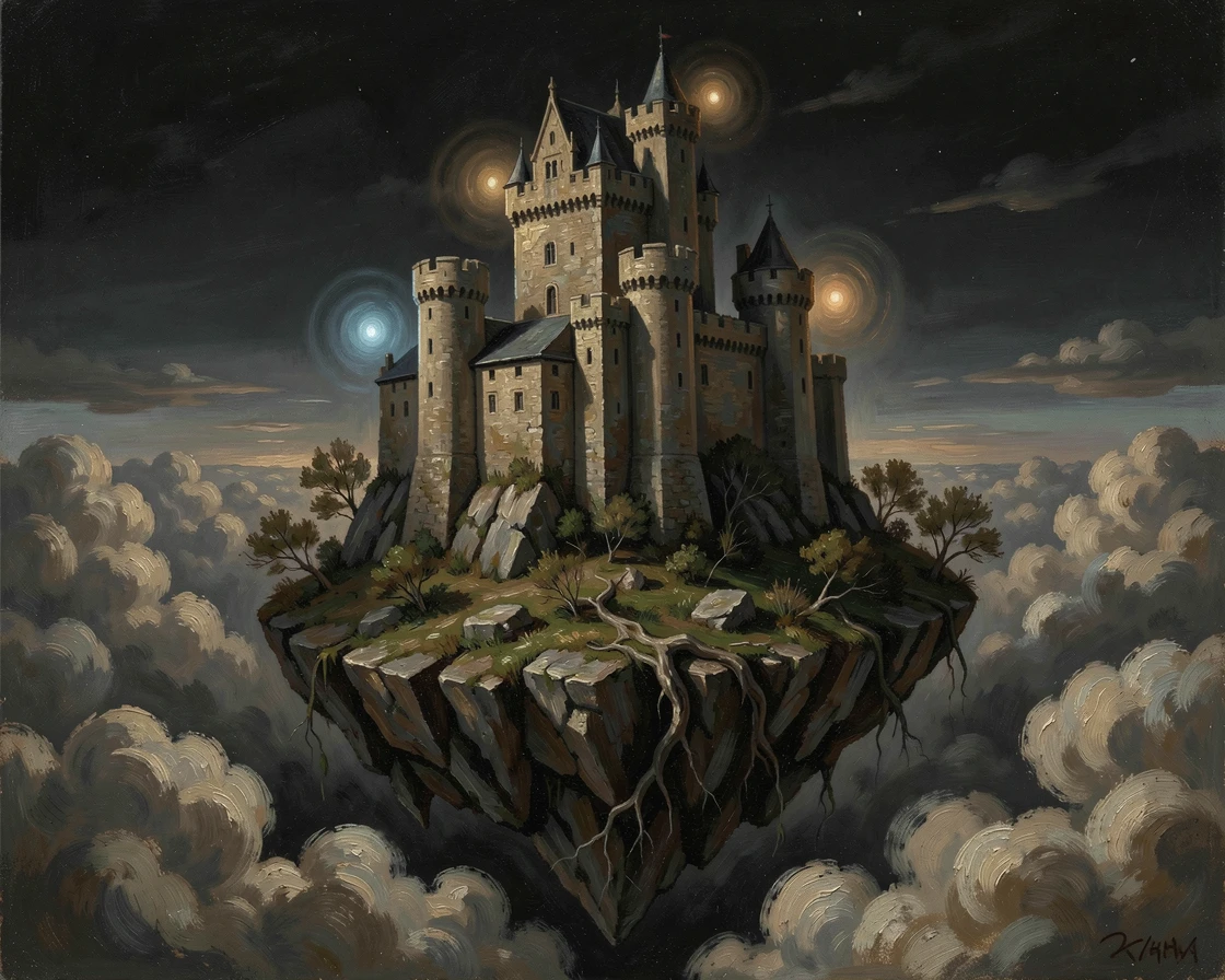 A towering castle perched on a floating island above the clouds, as glowing magical elements illuminate the surrounding darkness, offering a breathtaking escape into a beautifully rendered fantasy world