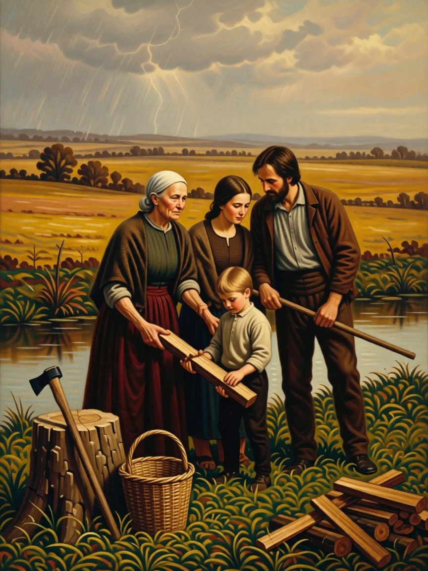 A family gathering firewood together before an early winter storm as warmth and community shine through humble work, set beside a quiet stream at the edge of golden fields, with modest but well-tended surroundings speaking of quiet pride; the composition finds quiet monumentality in an everyday gesture, suggesting that meaning is found in life's smallest rituals.