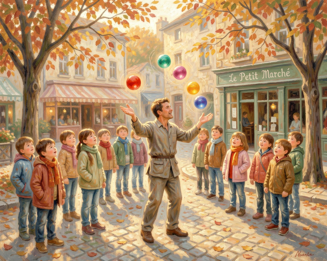 A street performer juggling colorful balls before an enchanted crowd of children in a town square, in the golden days of autumn, radiating serenity and gentle stillness.