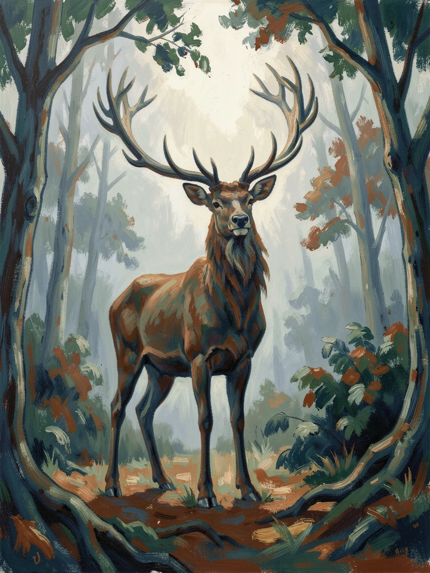 A stag standing proudly in a misty forest clearing, antlers silhouetted against pale light.