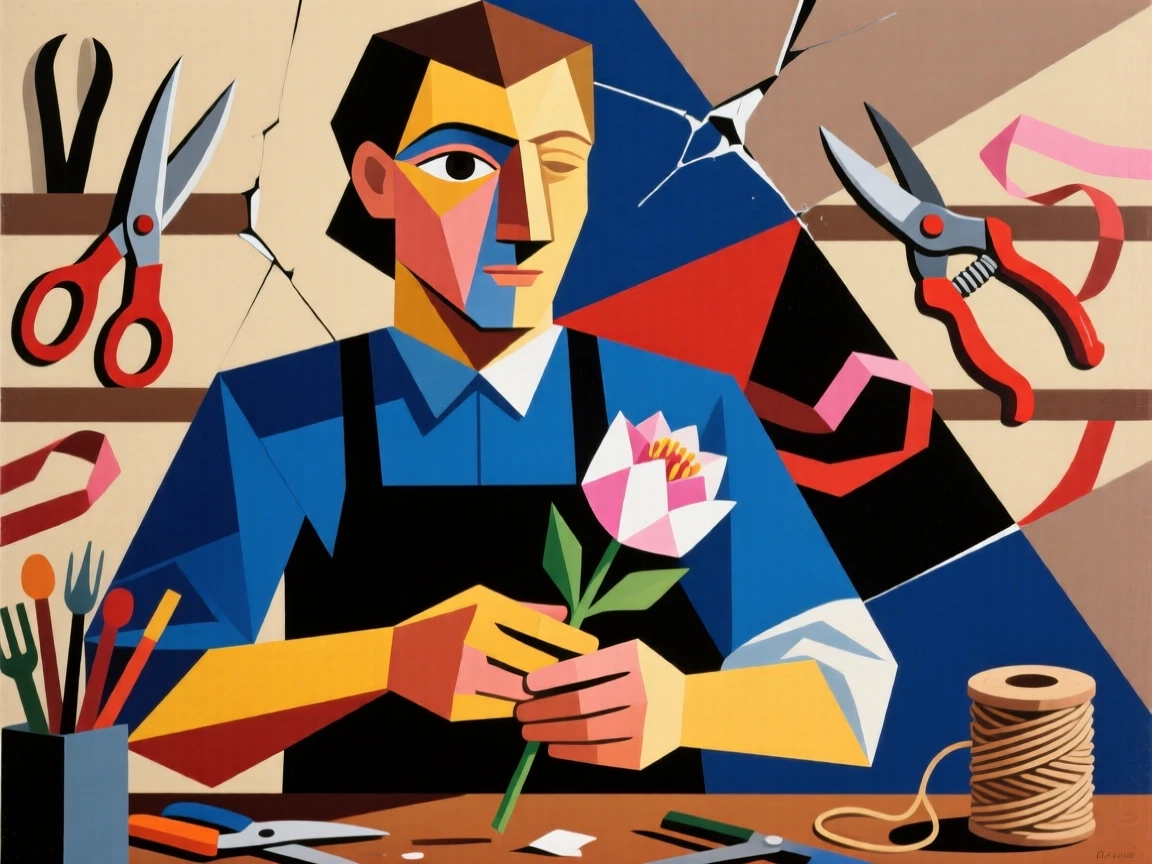 A medium shot portrait of a florist surrounded by the tools of the trade, focused and content in the craft.