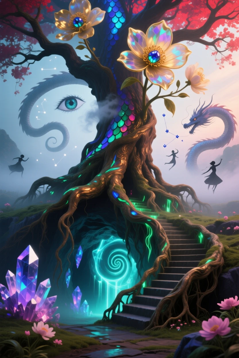 A tree whose roots form a staircase leading underground blooms slowly under the soft light of early dawn, as its shadow stretches into unexpected, curling shapes.