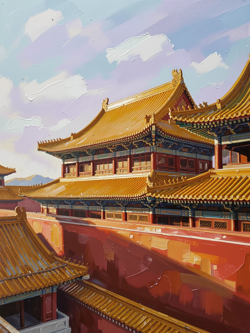The Forbidden City's golden rooftops stretch across Beijing beneath a crisp autumn sky, red walls glowing warm in late afternoon light, small architectural details rewarding a closer look at the surrounding structures.
