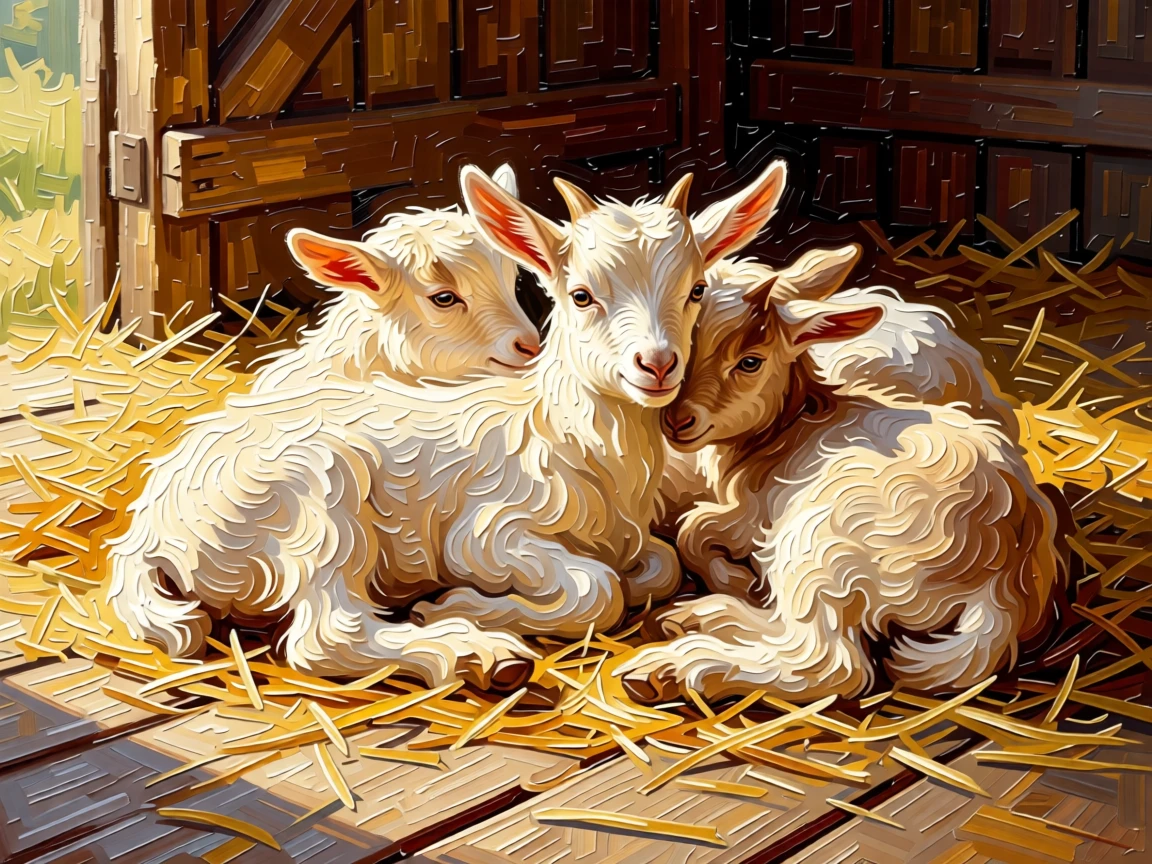 A heartwarming photo of a baby goat huddled together with siblings for warmth