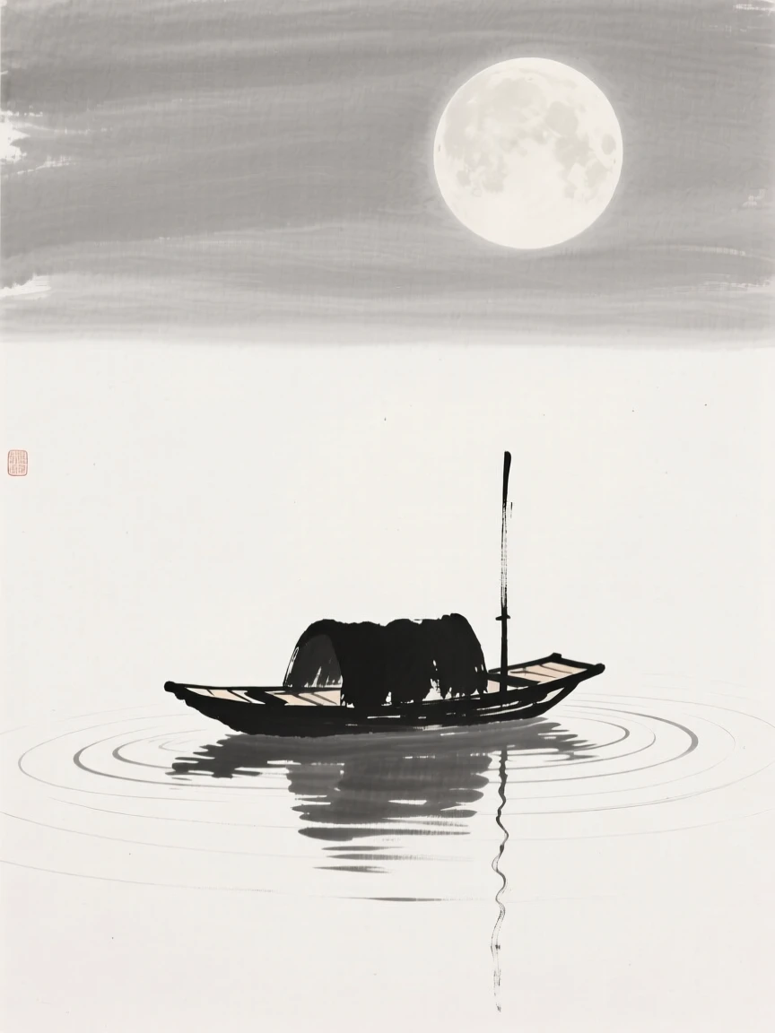 A lone boat drifts across a still lake beneath a rising moon, as ripples spread slowly outward from the boat.