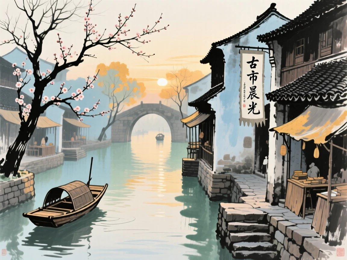 An ancient market town bustling quietly along a canal at dawn, as the last plum blossoms cling to bare branches, filled with tranquil stillness, in the last golden light of day.