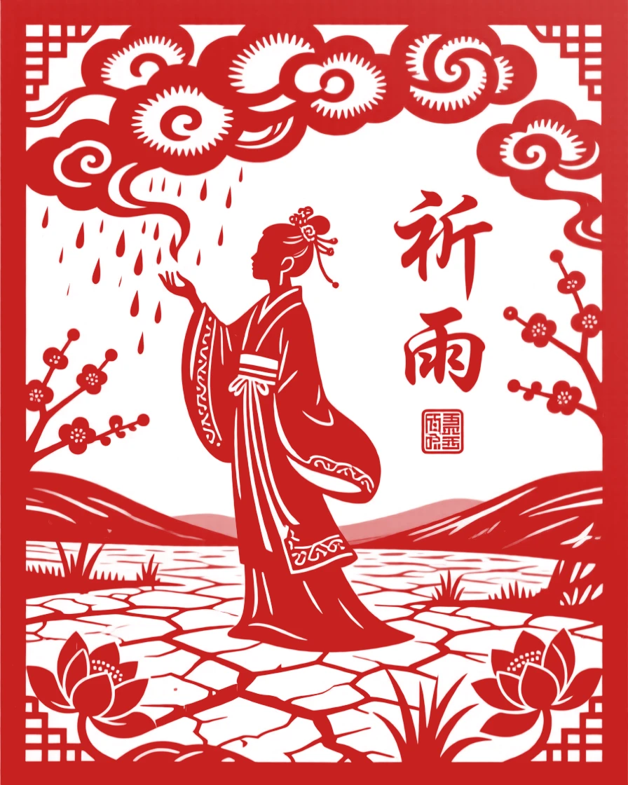 A young immortal, summoning rain over a parched valley, beneath a sky filled with auspicious clouds.