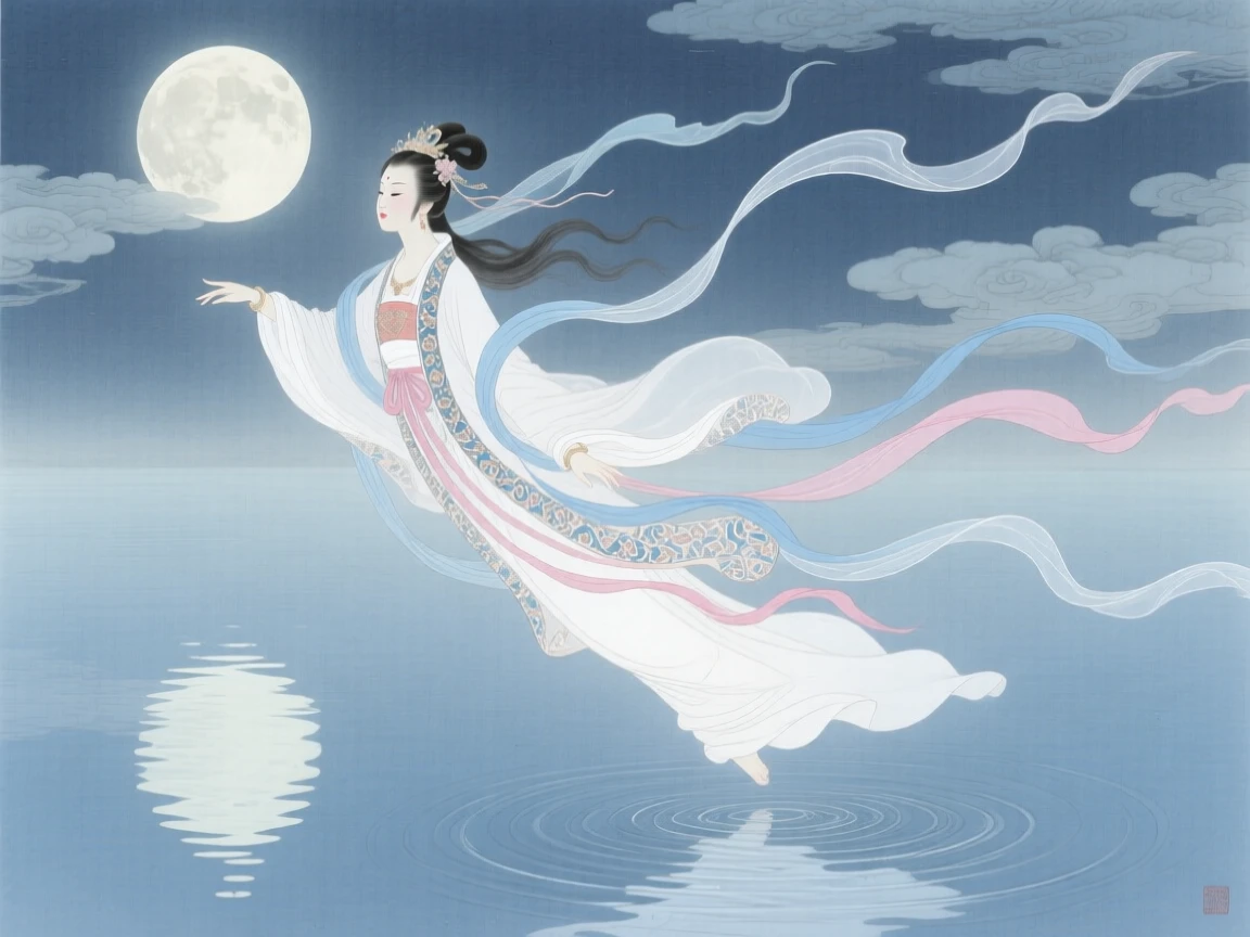 A celestial maiden trailing ribbons of silk over a calm lake reflecting the full moon