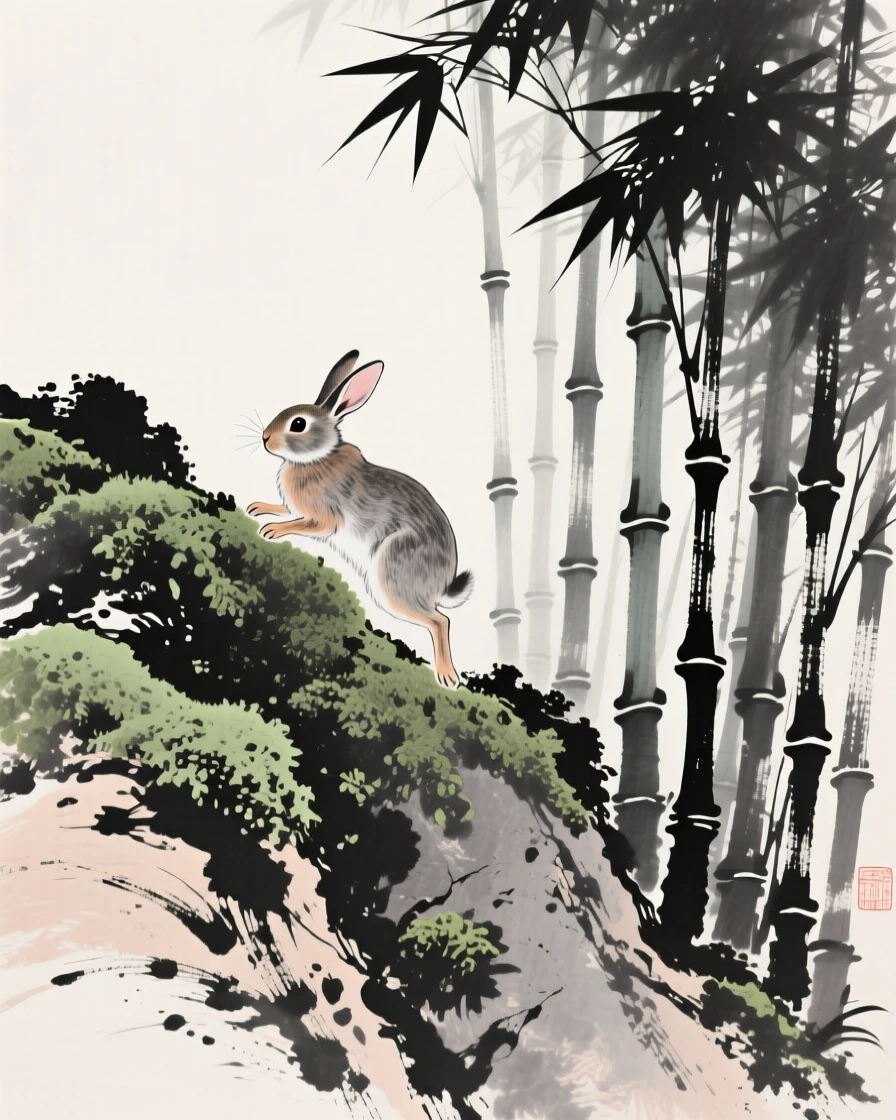 A rabbit climbing a steep, moss-covered slope through a bamboo thicket, captured in profile against a soft, empty background, capturing a fleeting, tender moment of wild life.