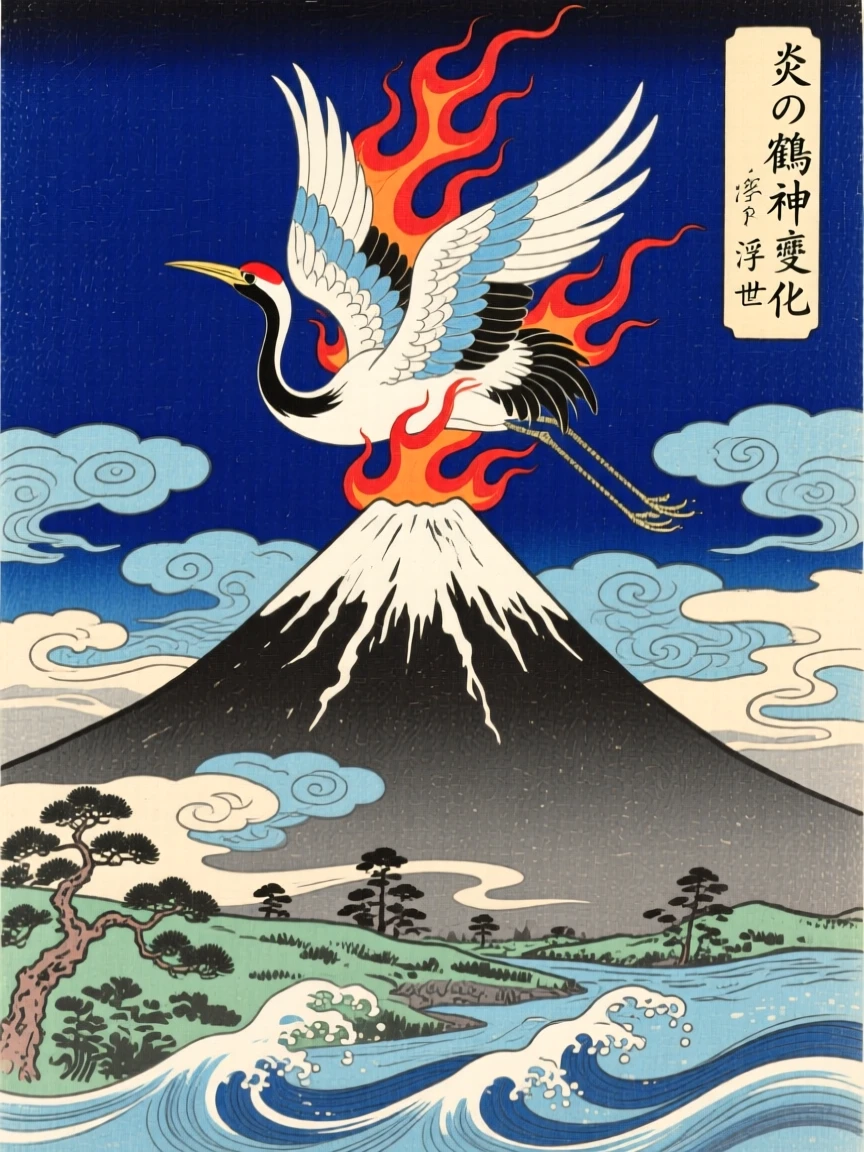 A transforming crane spirit bursting into flame above a mountain peak.