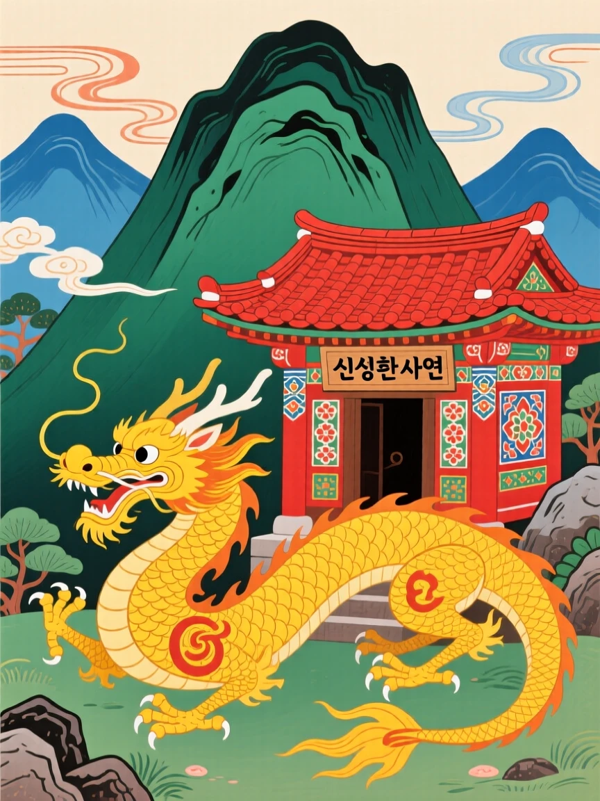 A powerful depiction of a golden dragon resting beside a sacred mountain shrine.