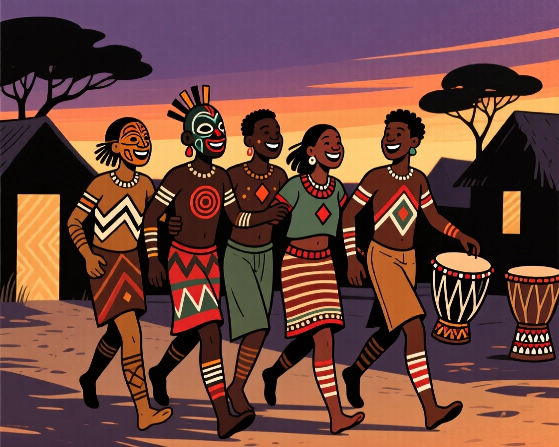 Friends laughing together as they walk home at dusk.