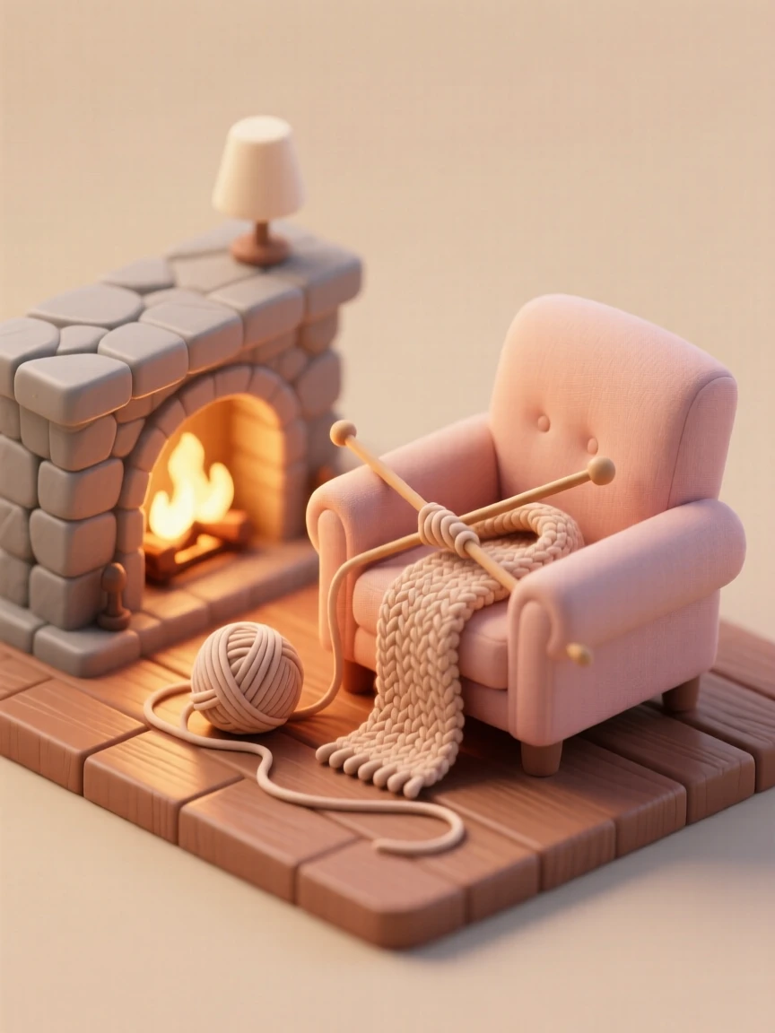 A knitting nook by a fireplace, needles clicking away at a scarf, a ball of yarn unraveling across a cozy armchair.