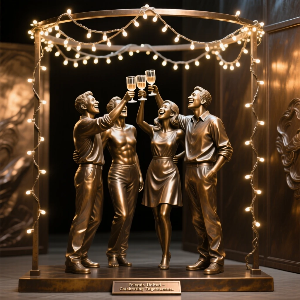 A group of friends toasting beneath a canopy of fairy lights, framed by soft, dramatic shadows, forming a strong central focal point