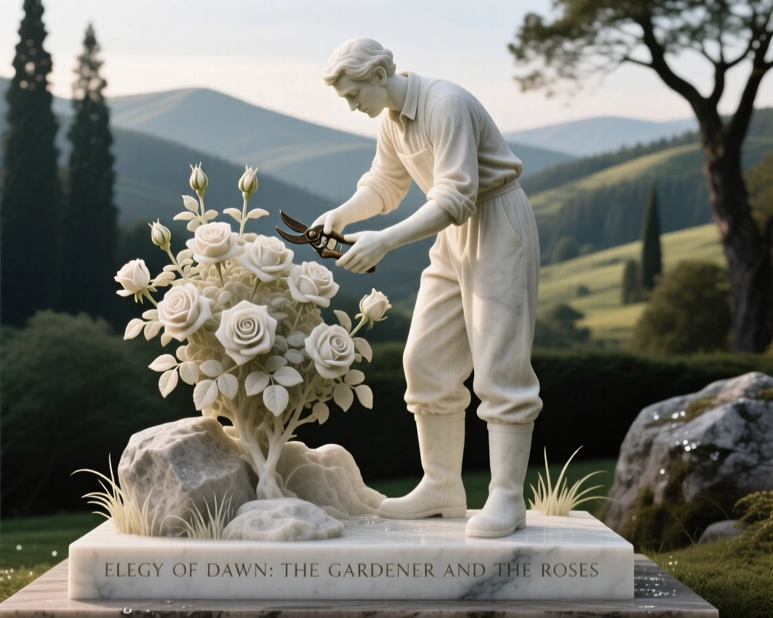 A beautifully composed image of a gardener tending roses in early morning light, framed by dramatic natural scenery, full of atmosphere and visual storytelling