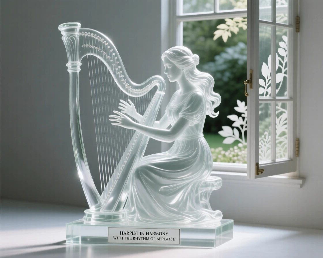 A harpist playing gently beside an open garden window with the sound of applause rising from an unseen audience, while the crowd begins to sway together in rhythm