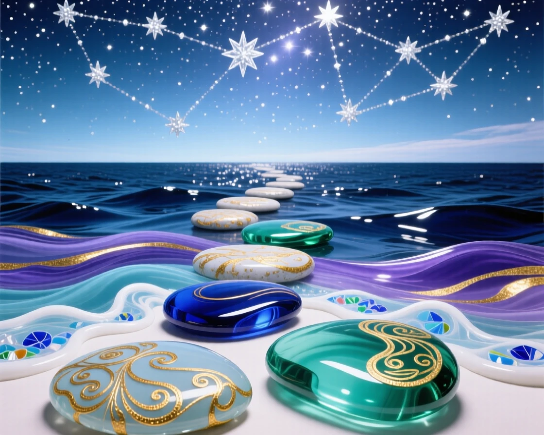 A pathway of stepping stones leading directly into a starlit ocean sky, dreamlike and inviting.