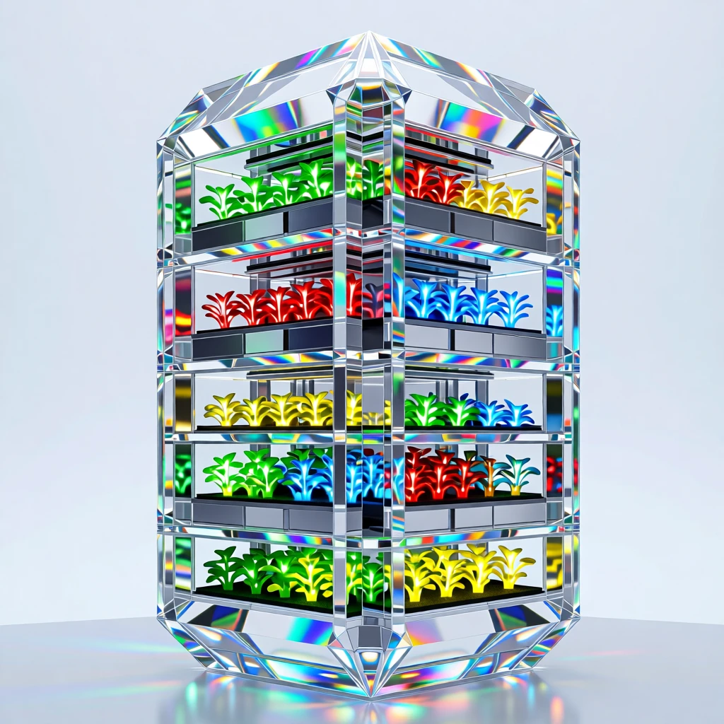 A futuristic vertical farm tower glowing with rows of vivid LED-lit crops.
