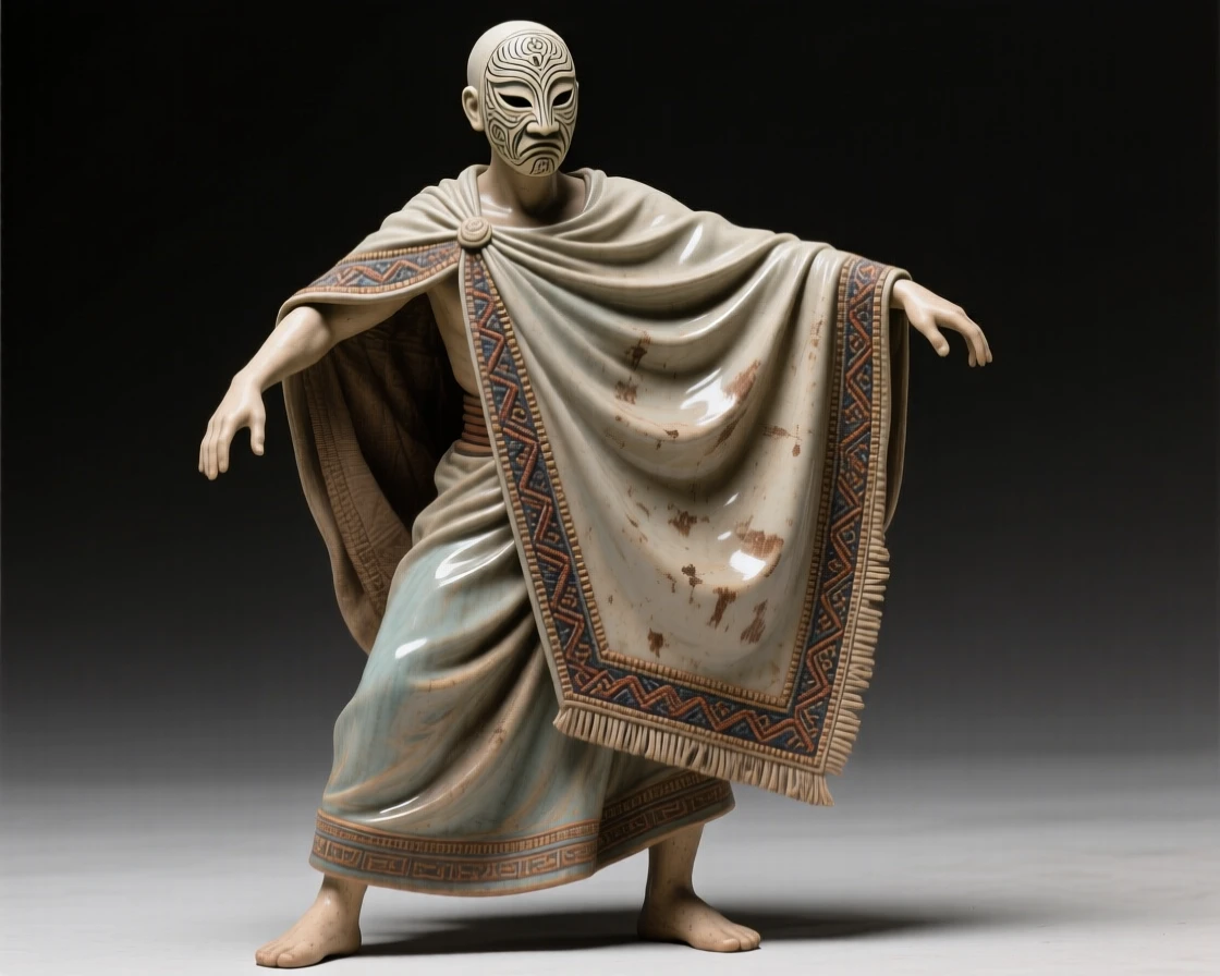 A mask-wearing ceremonial dancer standing in a commanding, timeless pose, draped in richly embroidered ceremonial cloth, conveying quiet authority and enduring legacy.