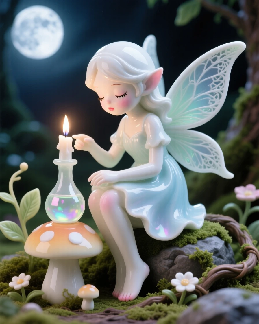 A whimsical scene of a tiny woodland fairy brewing a shimmering potion by candlelight in a moonlit fairy glen.