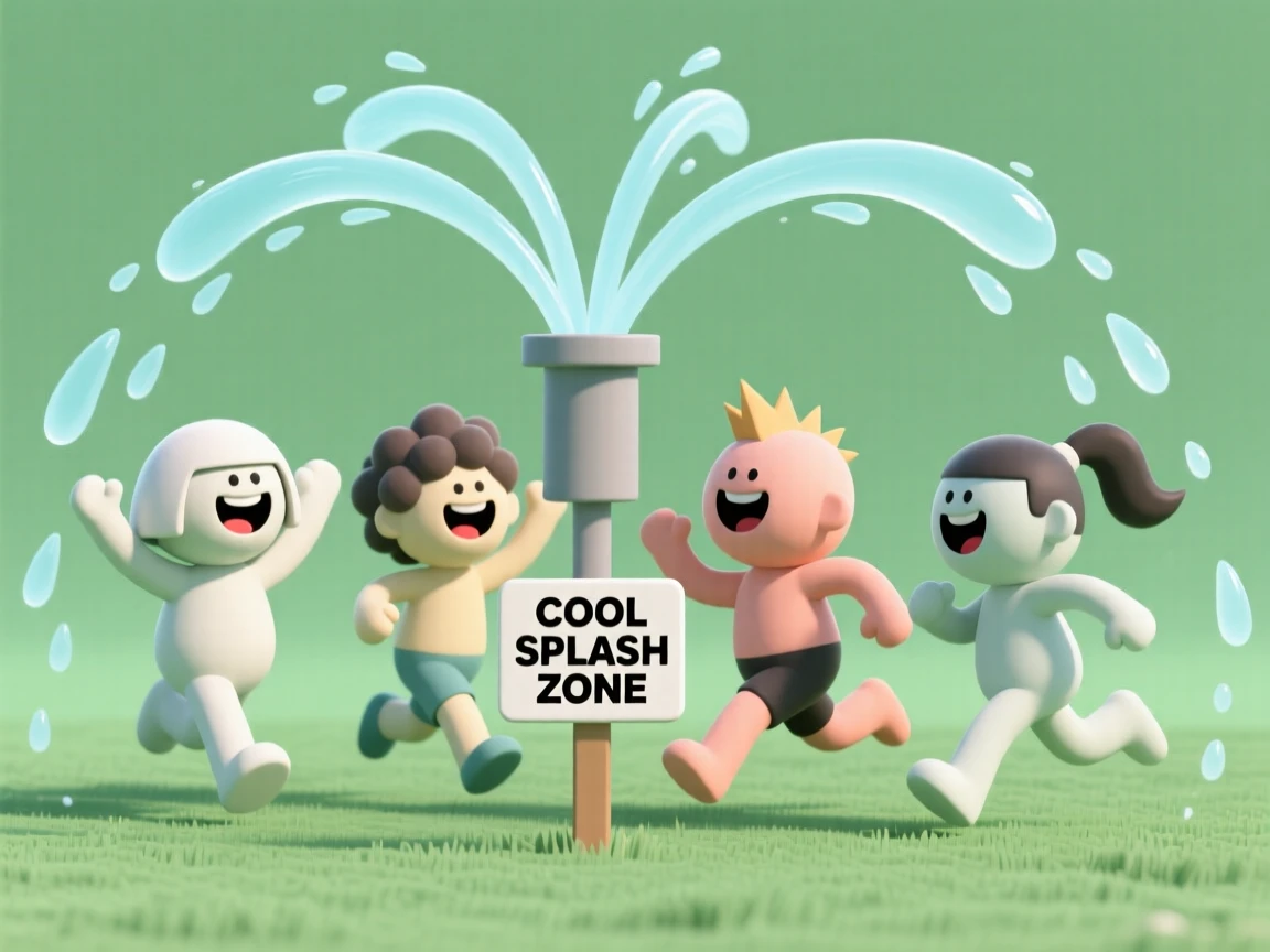 A joyful group of friends run through a sprinkler on a hot summer afternoon, laughing and shrieking with delight.