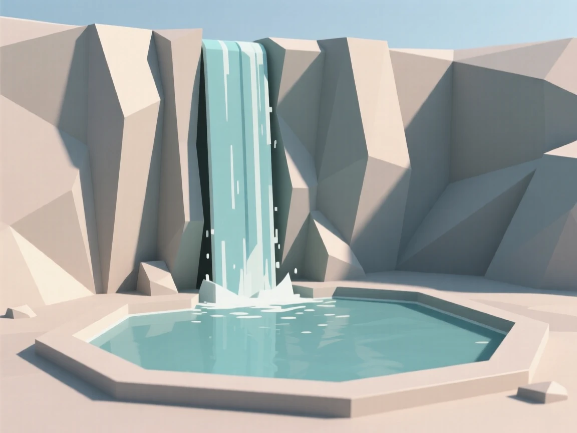 A towering waterfall cascading into a turquoise pool, in the stillness of early morning. the composition uses a wide, sweeping perspective. A gentle warmth radiates through the scene.