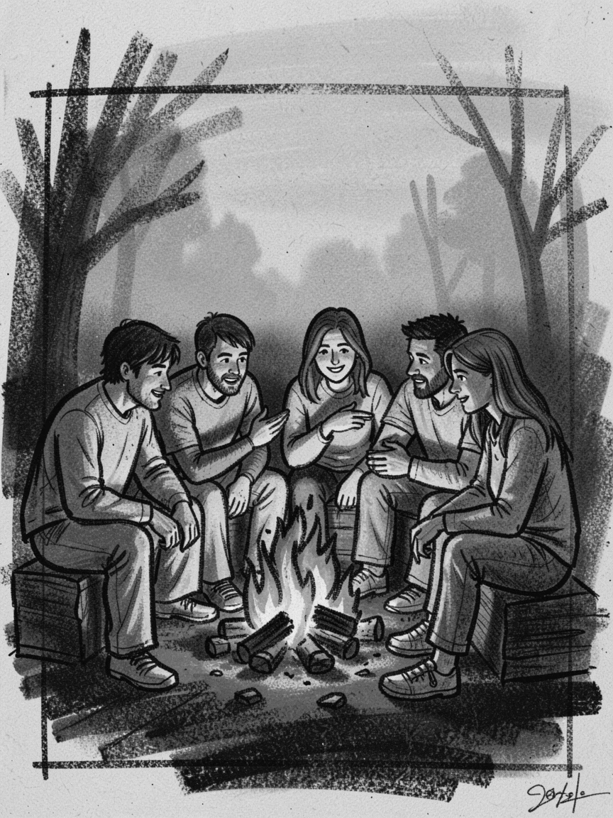 Friends gathered around a campfire telling stories, as the last light of day fades to dusk.