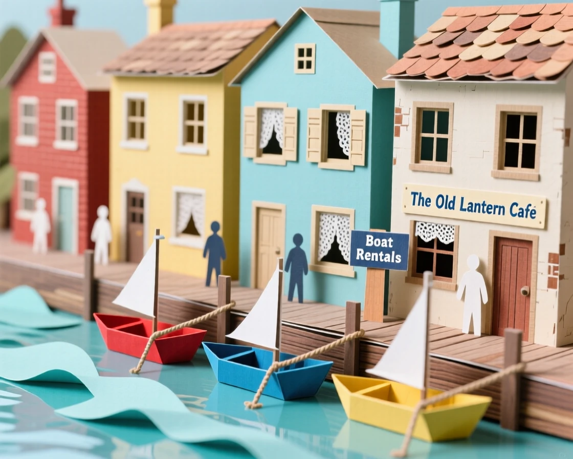 A quiet canal lined with old townhouses bustling with life at midday, with small boats resting along the water, capturing a sense of discovery and adventure.