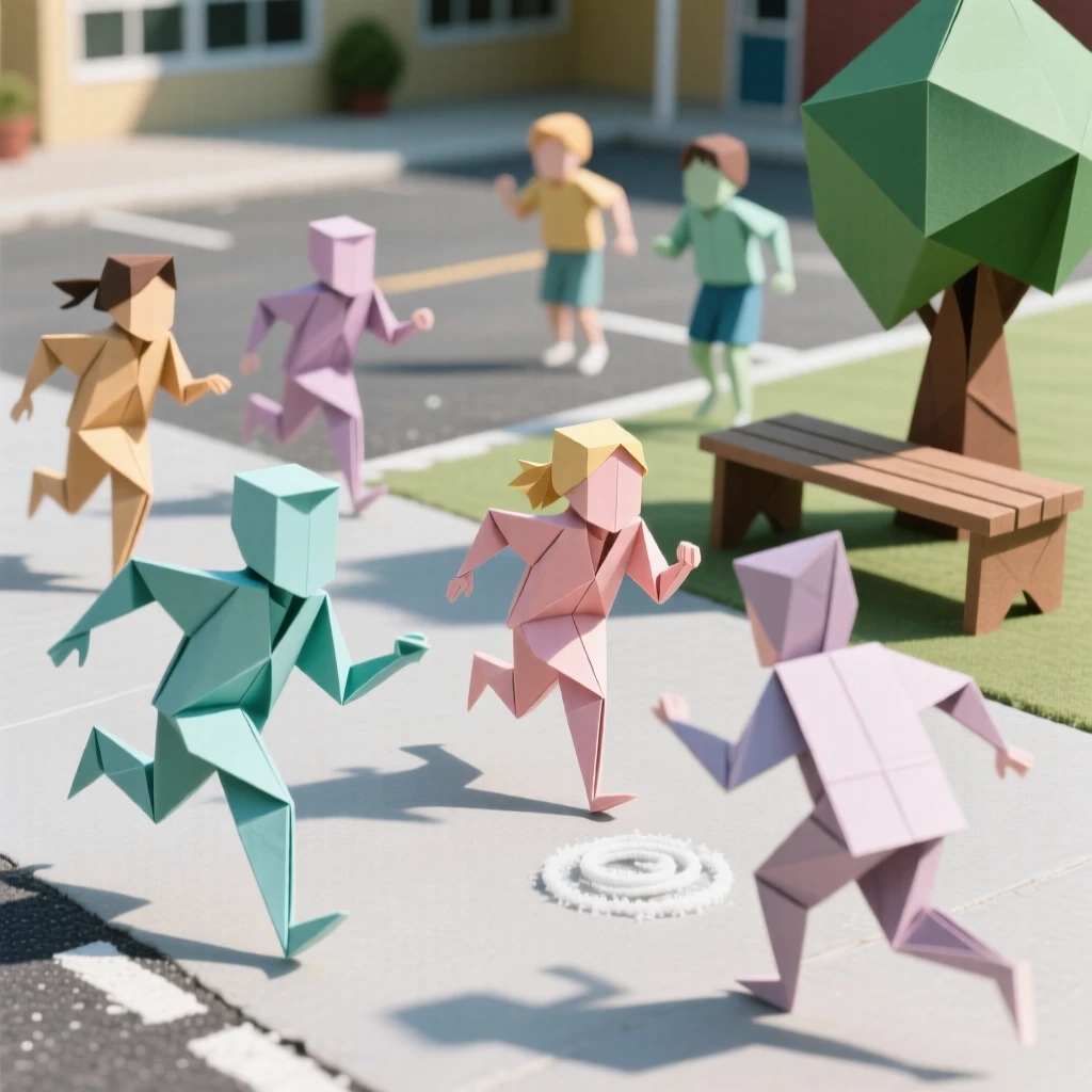 A group of children playing freeze tag in a schoolyard at recess.