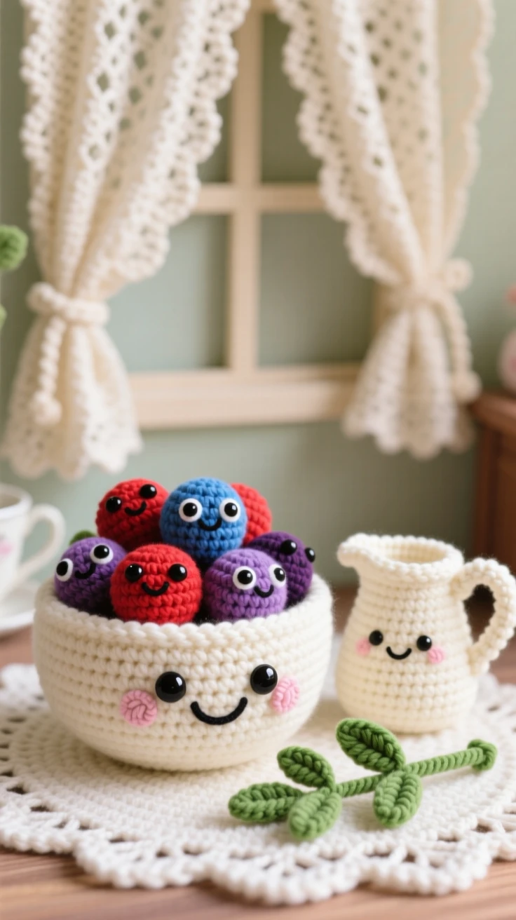A delightful still-life of a smiling bowl of fresh berries character topped with a light dusting of sugar, resting beside a small cream pitcher within a charming tea room with lace curtains; a sprig of fresh herbs as garnish nearby, full of bright, appetizing cheerfulness.