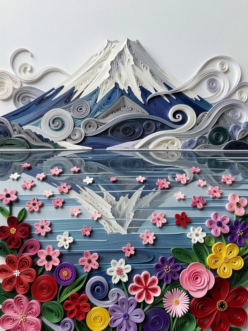 A breathtaking view of Mount Fuji rising above a lake dotted with cherry blossoms framed by blooming seasonal flowers in the foreground, with soft mist drifting through the scene, shown reflected symmetrically in calm water below.