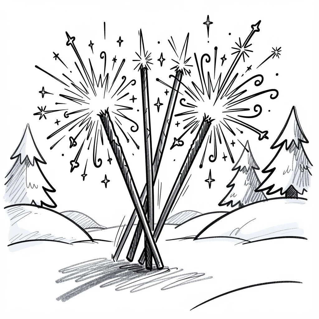 A bundle of sparklers lighting up a night sky on a snowy winter morning.