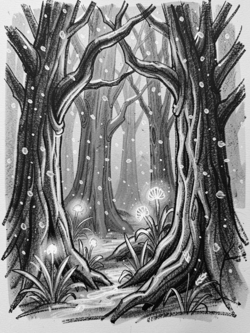 An enchanted forest with glowing bioluminescent plants, under a soft blanket of falling snow.