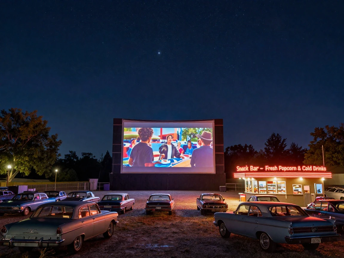 A drive-in movie theater glowing under a starry sky
