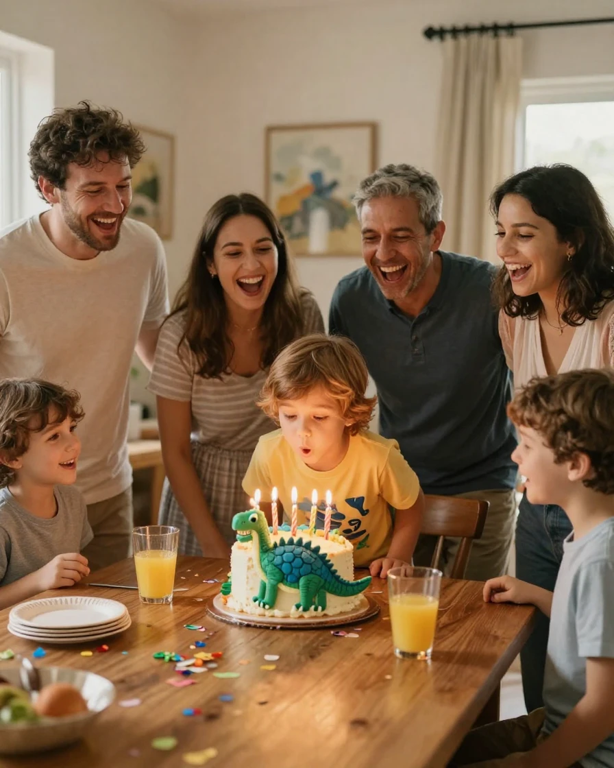A child blows out candles on a cake shaped like a dinosaur while family sings around the table.