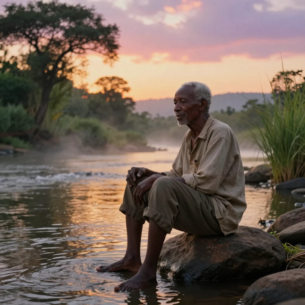 A retired Kenyan traveler humming a gentle tune while working along a quiet riverbank at sunrise