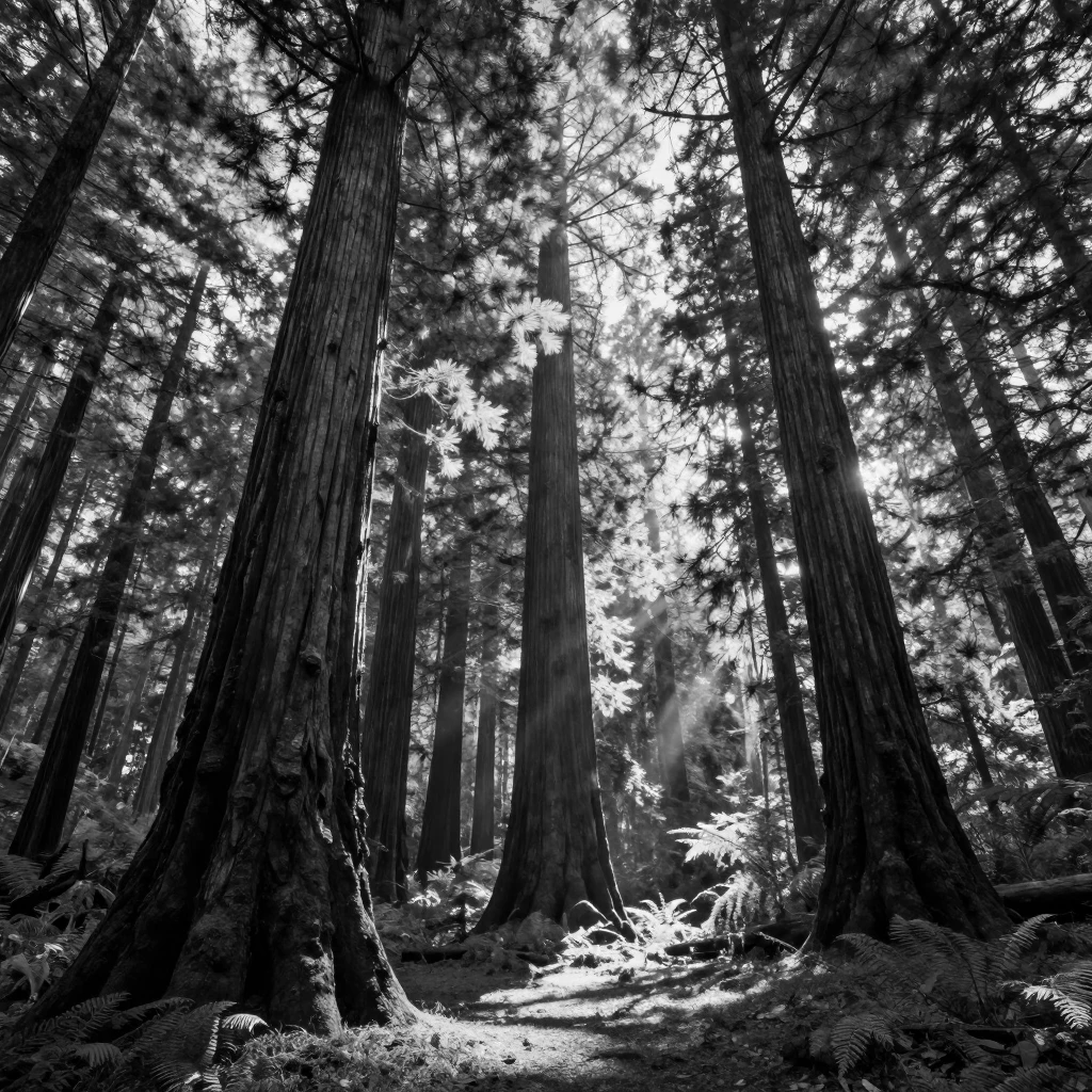 A towering redwood grove rises silently over a quiet forest floor beneath filtered morning light.
