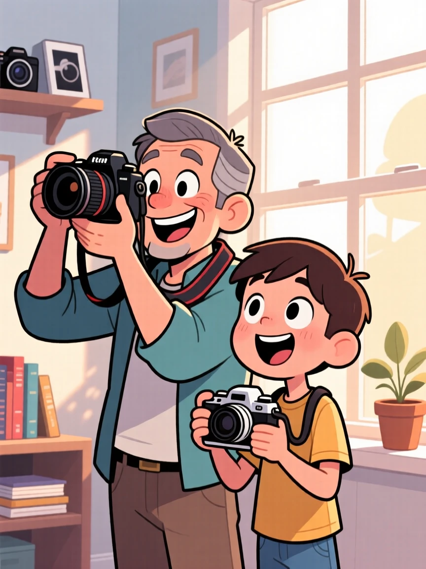 An everyday-life snapshot of a passionate photographer, sharing their passion with an eager beginner, as soft light streams through a nearby window.