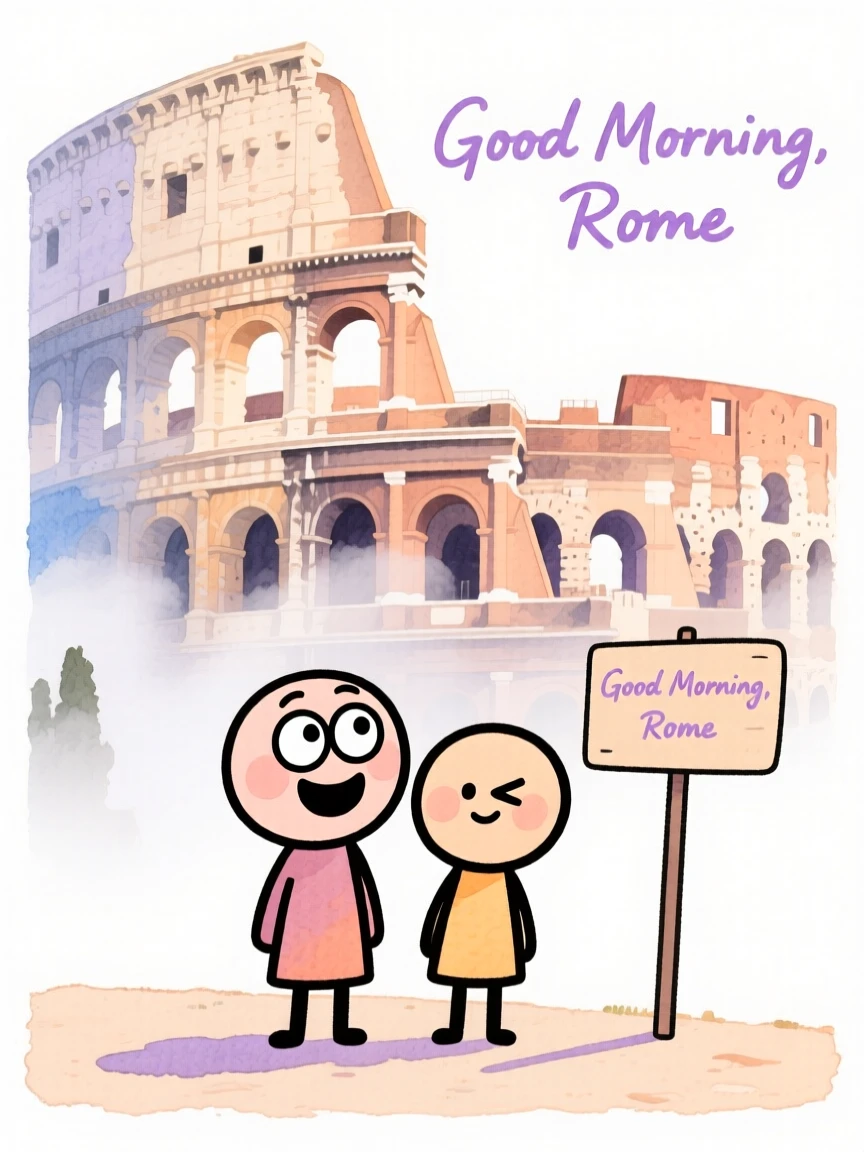 A dreamy travel postcard scene of the Colosseum wrapped in gentle morning mist