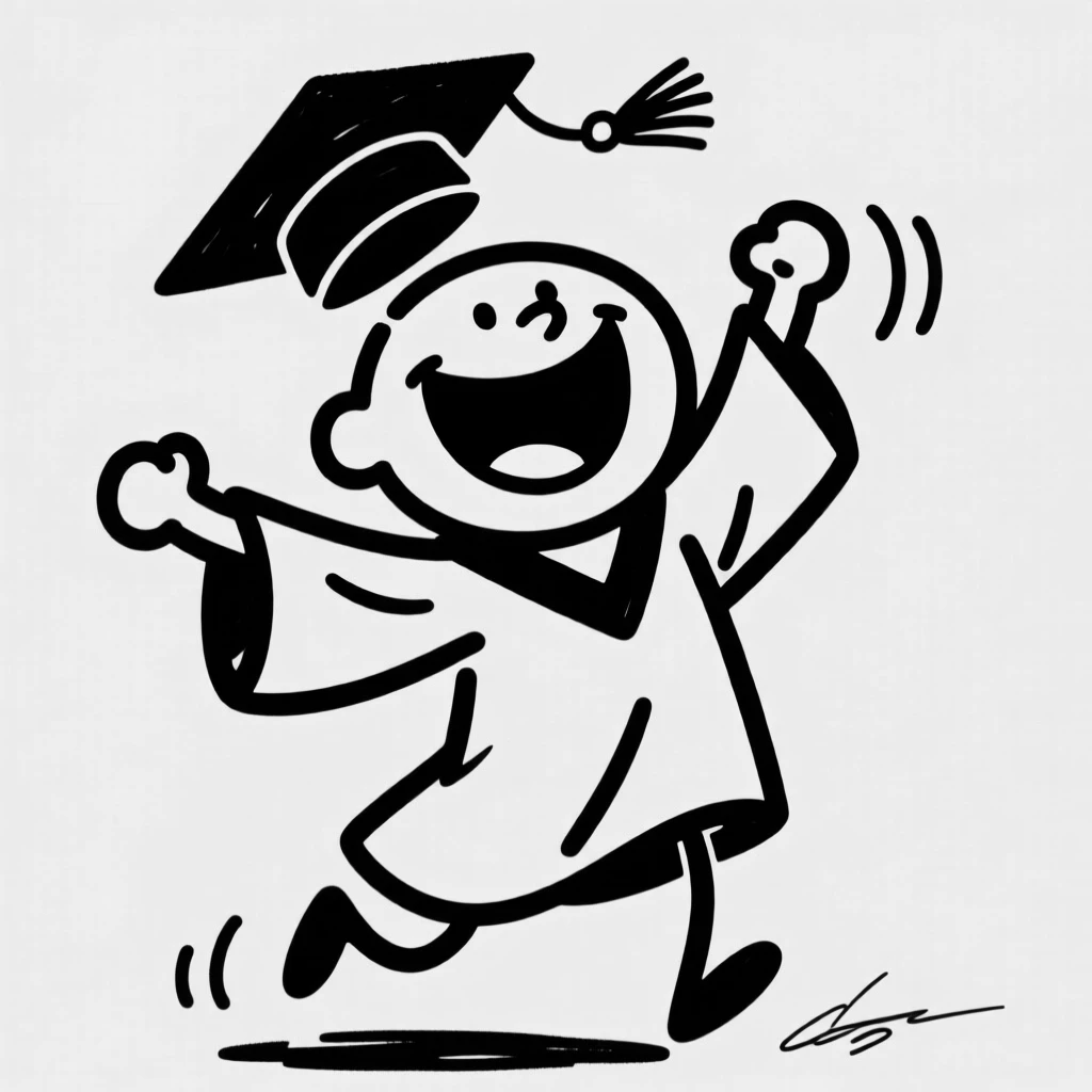 A graduate tossing their cap high into the air, gown flowing, huge grin on their face.