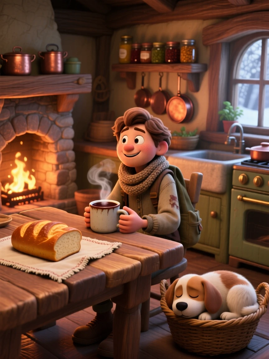 A traveler warming their hands by a fire sits at a rustic kitchen table with fresh bread cooling nearby, sipping a steaming mug of cocoa. The mood is snug, tender, and softly domestic, with a small dog dozing nearby.