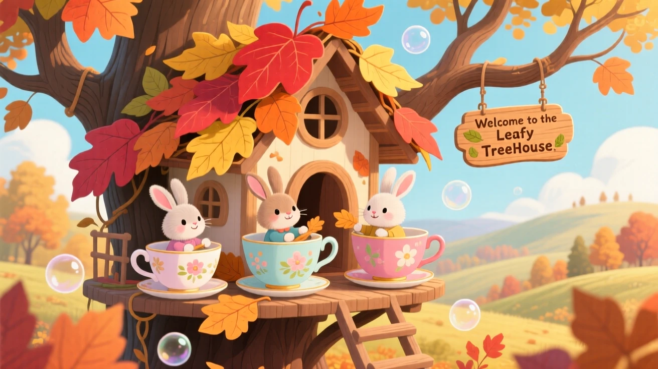 A family of teacup rabbits delights in building a treehouse out of giant autumn leaves, tucked within a world where teacups are houses, as tiny bubbles drift lazily by.