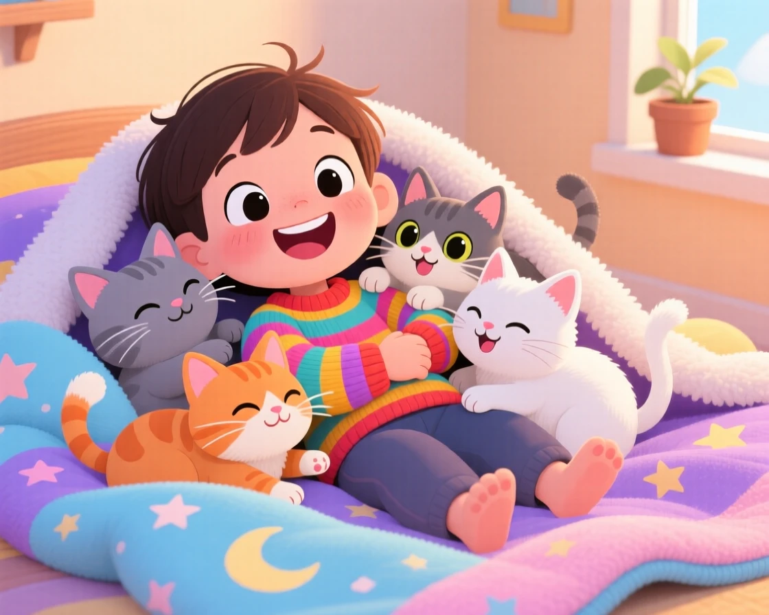 A child snuggling with a litter of kittens on a soft blanket.