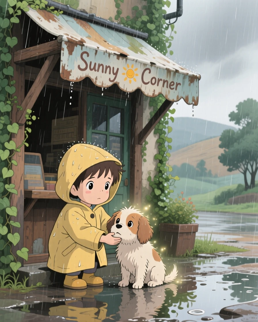 A tender moment of a child comforting a lost puppy under a rainy awning, the scene quietly moving.