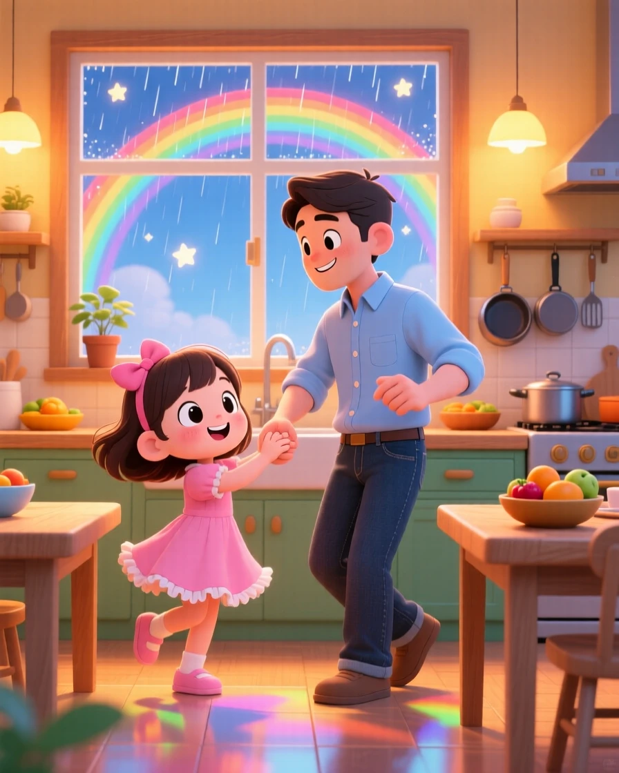 Symmetrical front-on view: a father and daughter, dancing together in the kitchen, set against a warmly lit kitchen under a rainbow after the rain, with sparkling starlight and a mood of sleepy relaxation.