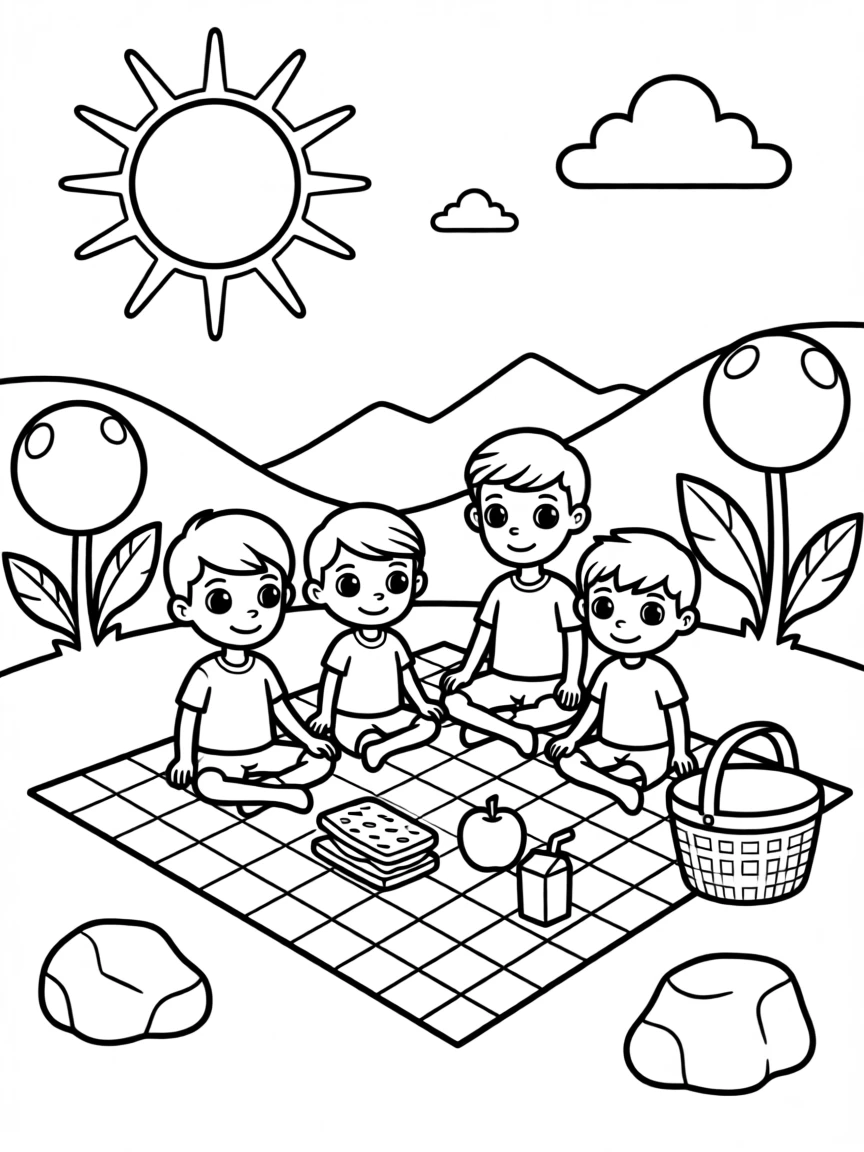A friendly alien family having a picnic on their home planet