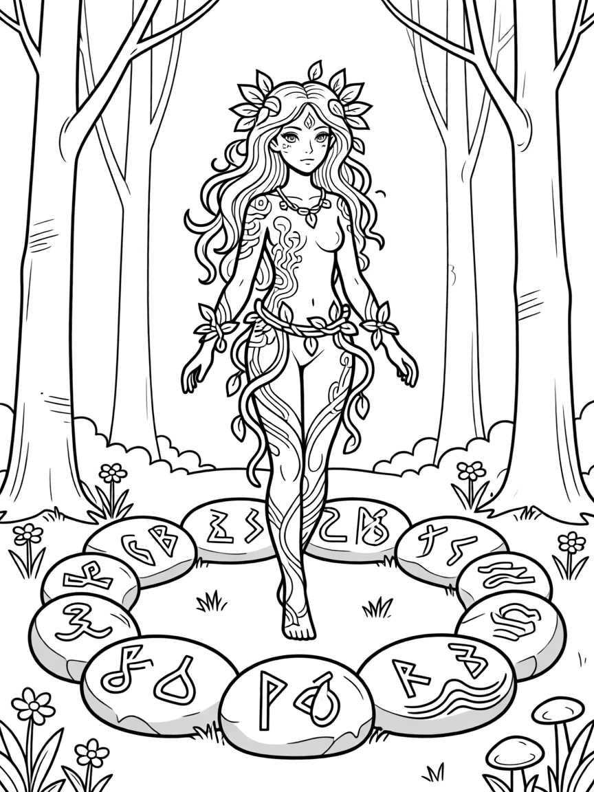 A forest spirit made of vines and glowing moss, with glowing runes etched into the surrounding stones.